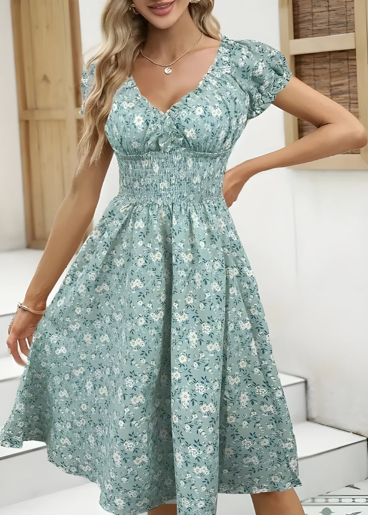 Nancy - Floral Midi Dress With Puff Sleeves