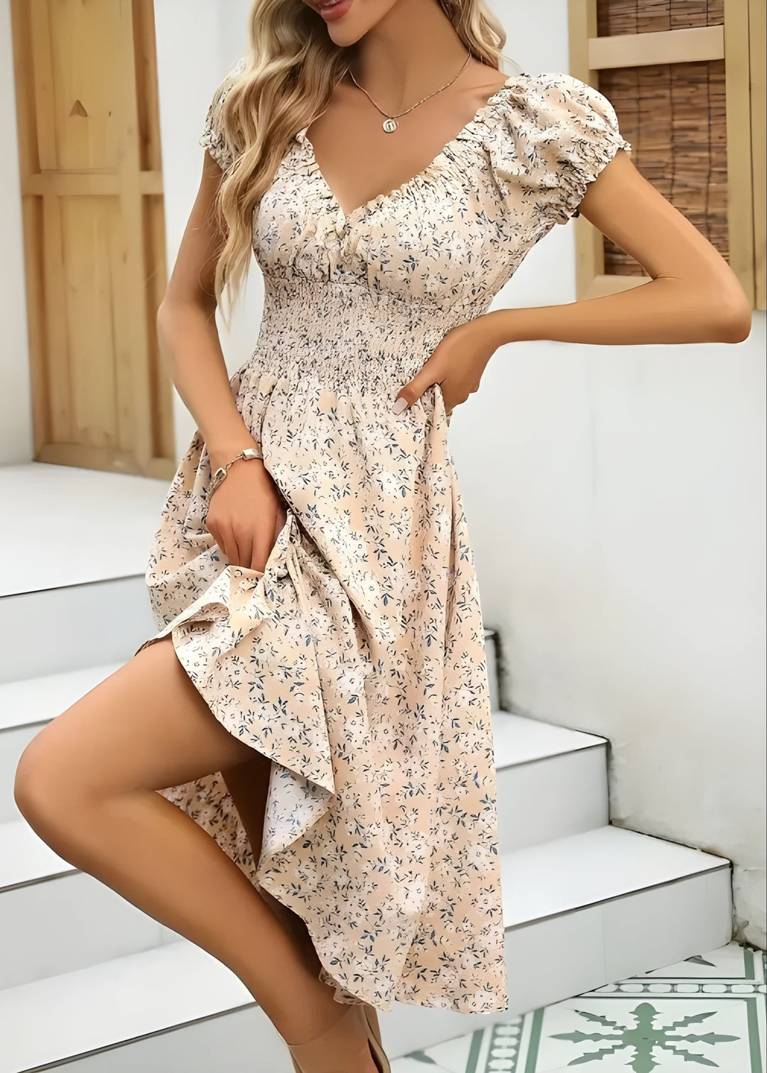 Nancy - Floral Midi Dress With Puff Sleeves