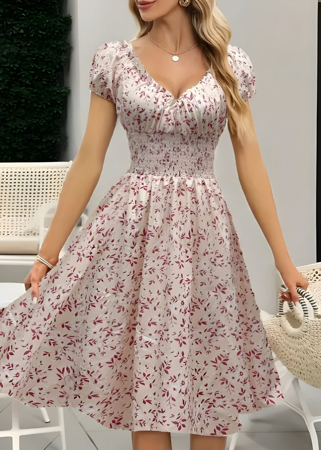 Nancy - Floral Midi Dress With Puff Sleeves