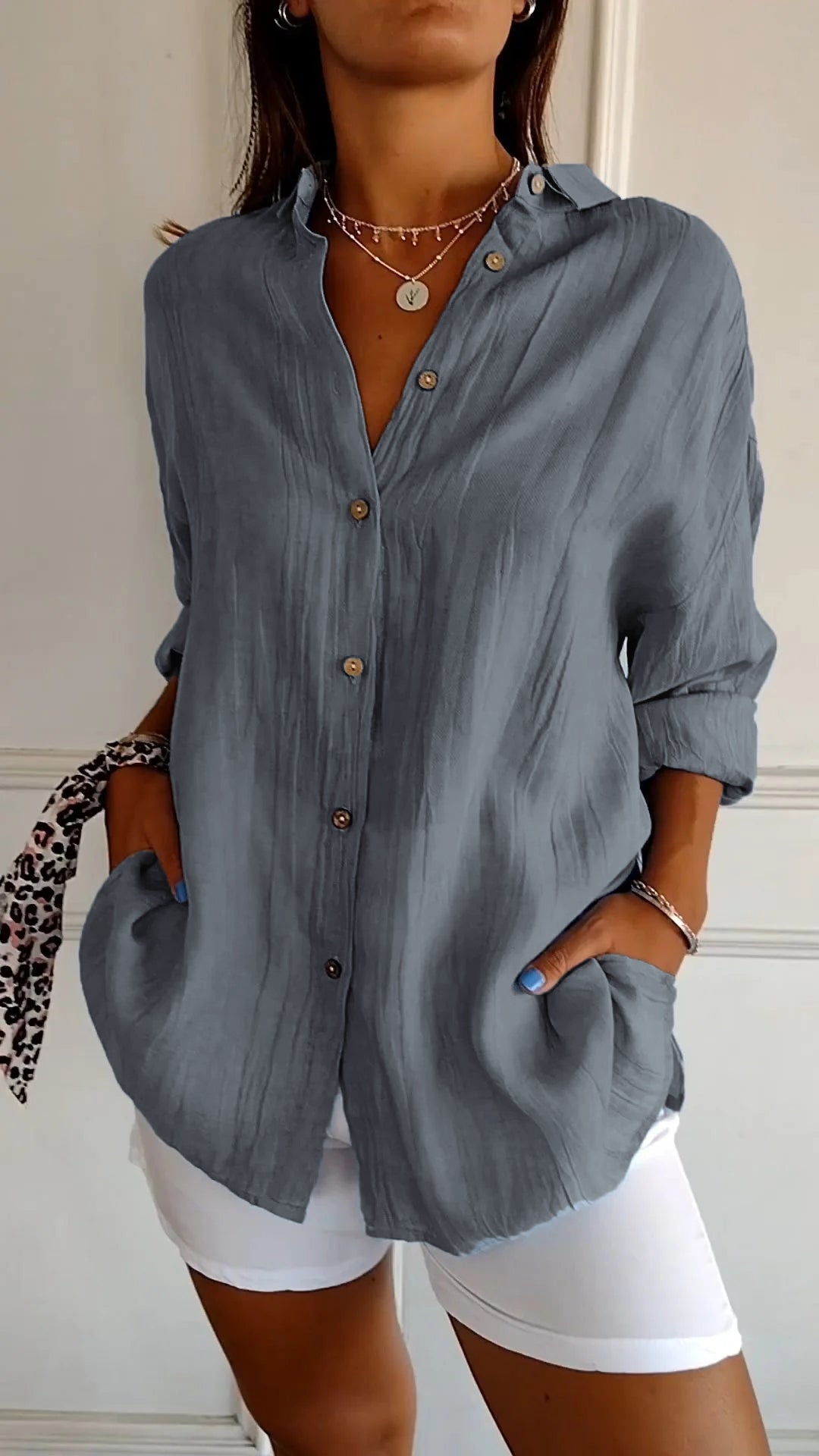 Women's Button-Front V-Neck Boho Summer Blouse - Casual