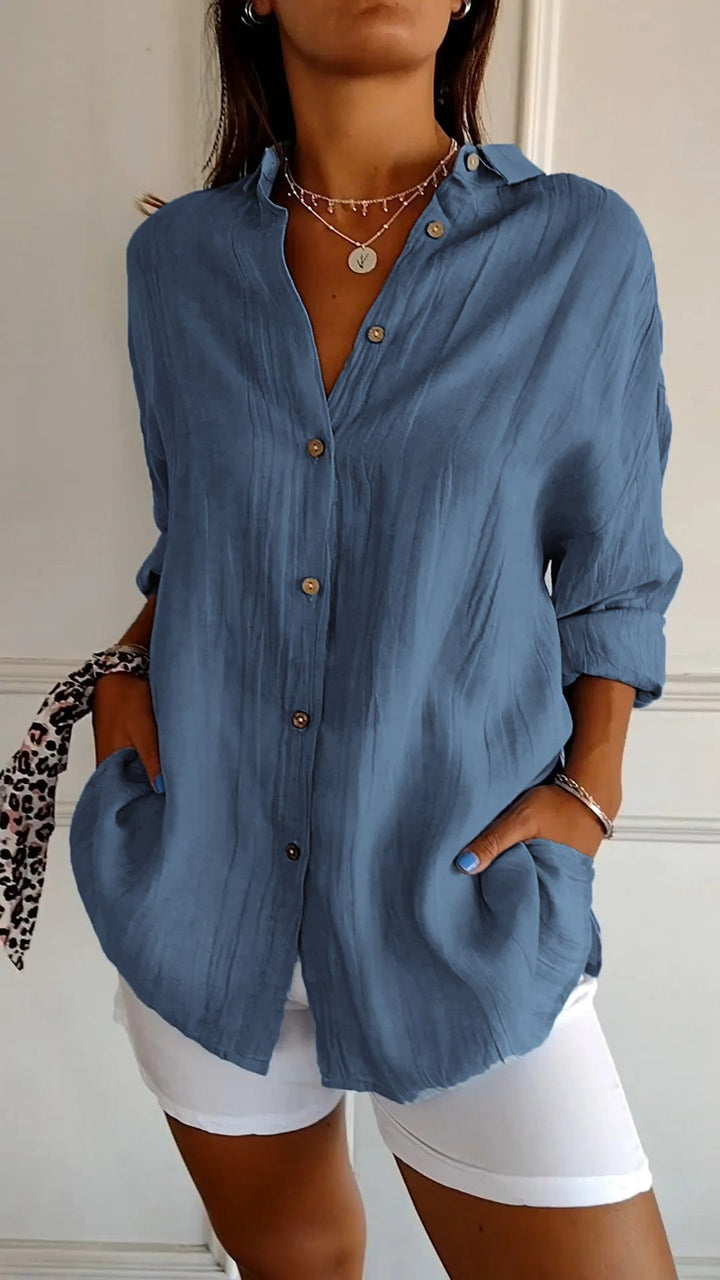 Women's Button-Front V-Neck Boho Summer Blouse - Casual