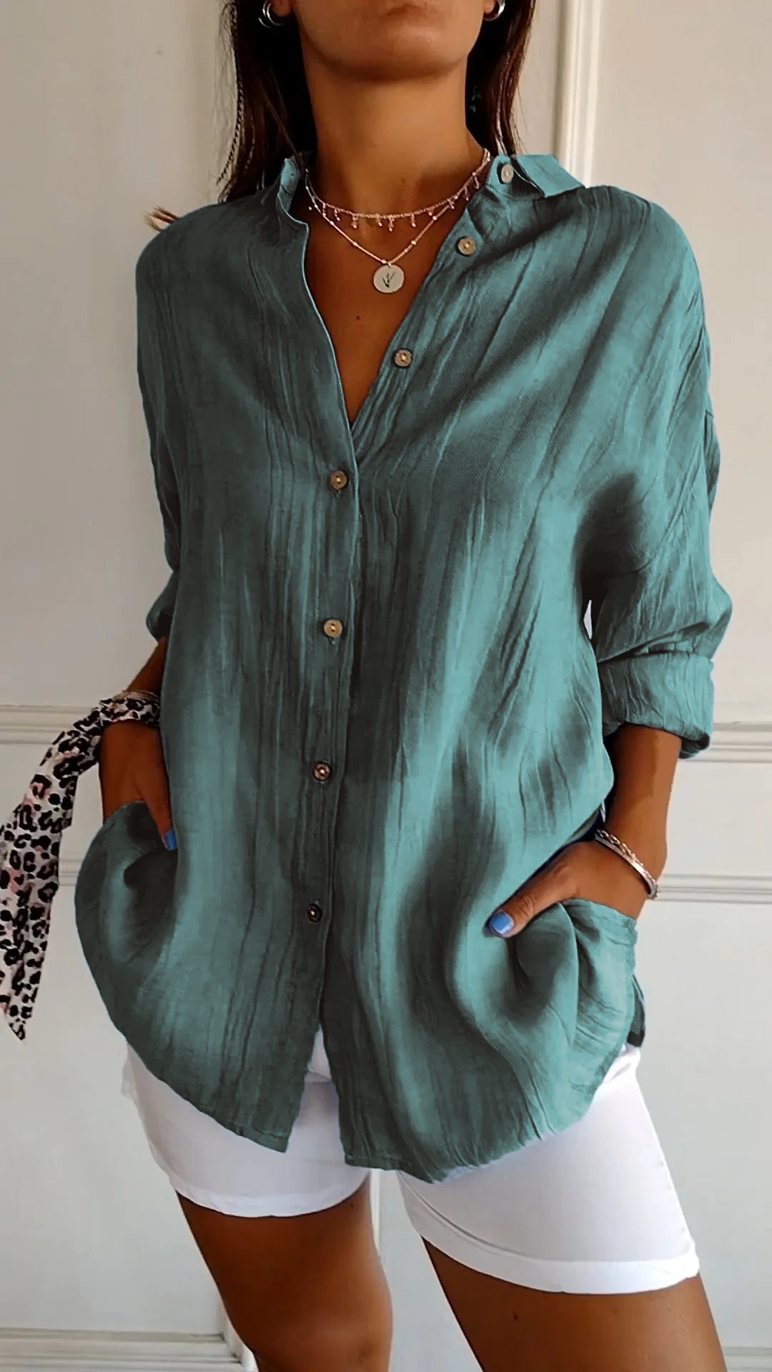 Women's Button-Front V-Neck Boho Summer Blouse - Casual